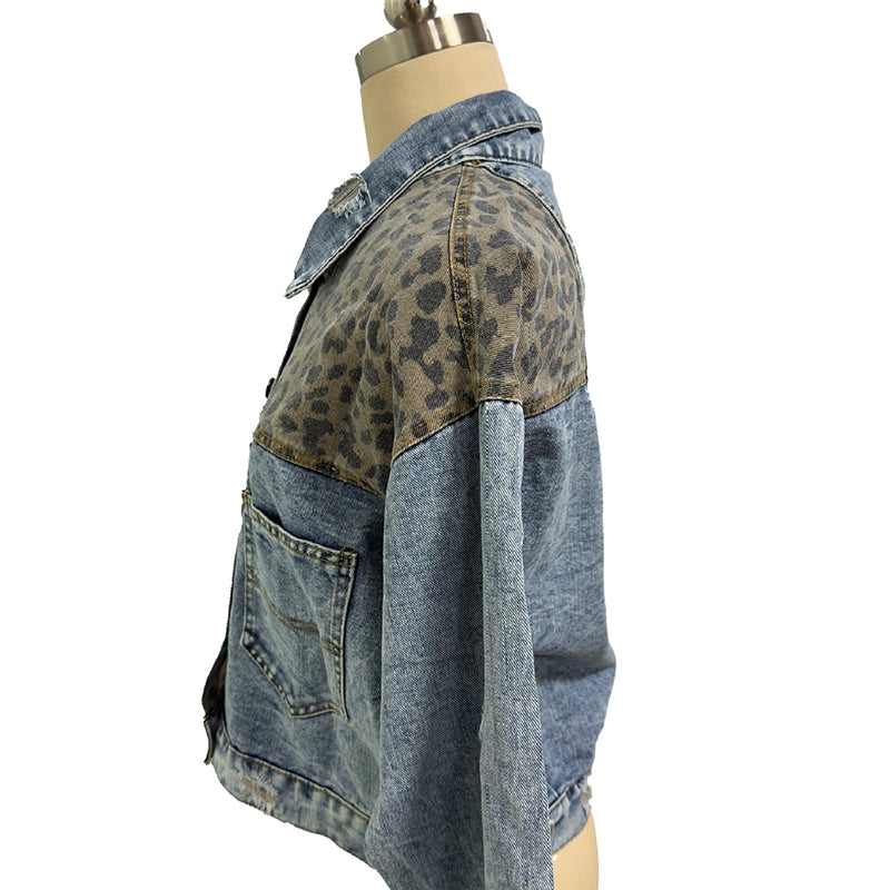 Women's Cropped Distressed Denim Jacket Ripped Button Down Jean Jacket Long Sleeve Casual Streetwear Coat