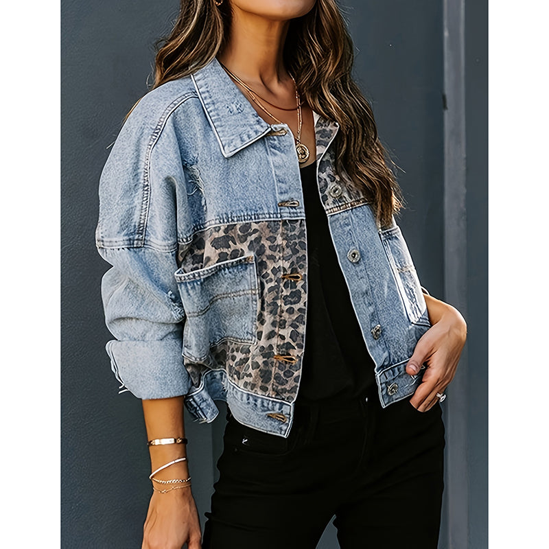 Women's Cropped Distressed Denim Jacket Ripped Button Down Jean Jacket Long Sleeve Casual Streetwear Coat