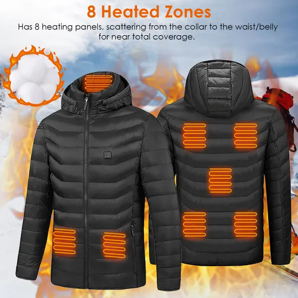 Heated Jacket Electric Heating Coat Lightweight Winter Hooded Jacket With 3-Level Heating Modes 8 Heating Zones Detachable Zipper Hood