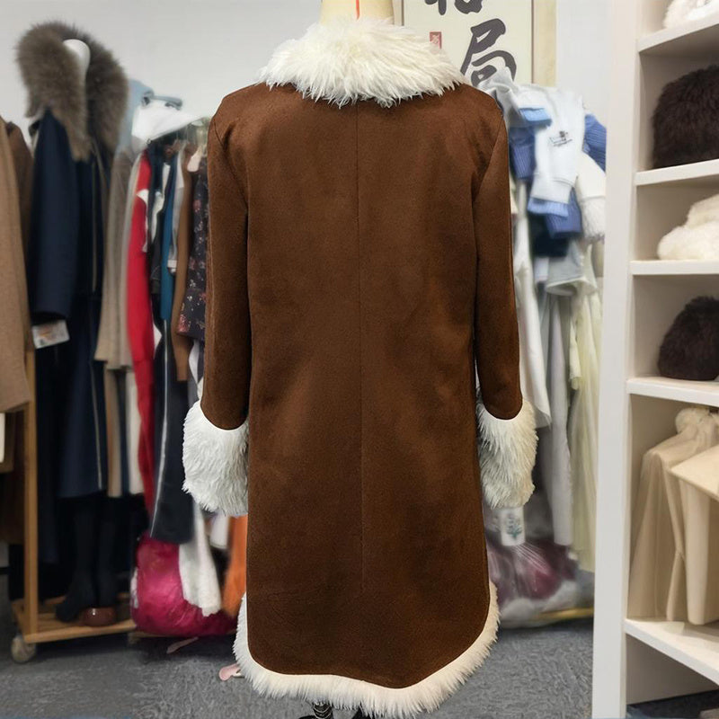Vintage Women’s Long Plush Coat with Fur Collar - Warm Winter Trench Jacket