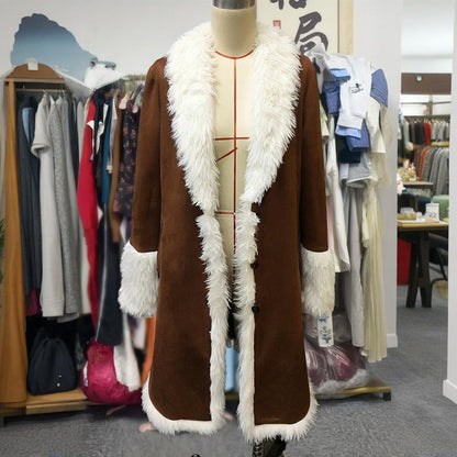 Vintage Women’s Long Plush Coat with Fur Collar - Warm Winter Trench Jacket