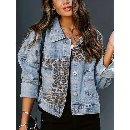 Women's Cropped Distressed Denim Jacket Ripped Button Down Jean Jacket Long Sleeve Casual Streetwear Coat